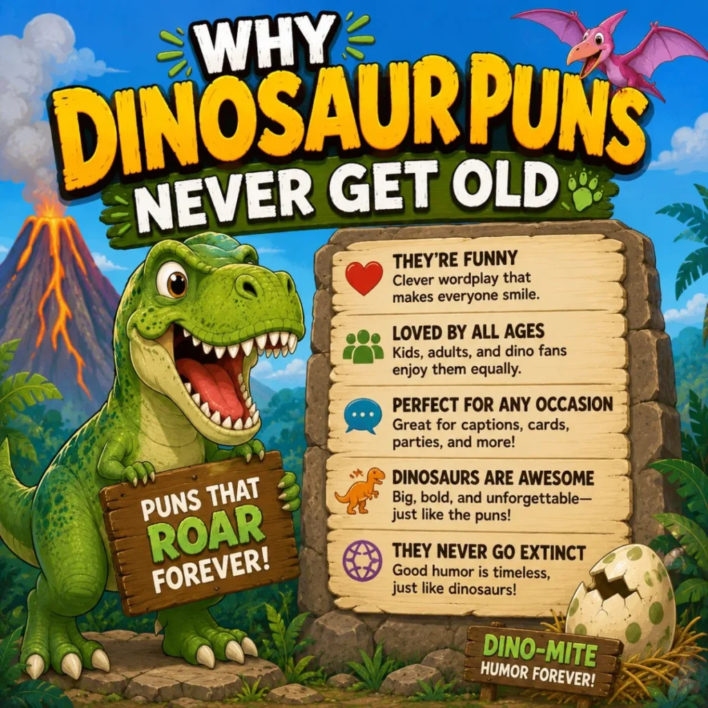 Cartoon dinosaur puns poster with T-Rex, volcano, funny wordplay reasons, and playful family-friendly humor