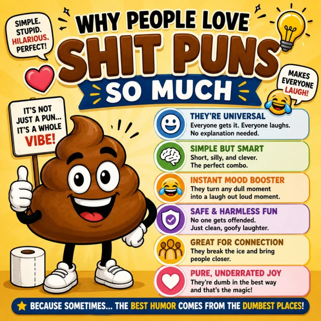 Why people love shit puns image with funny poop cartoon, clean humor reasons, and laughing emoji