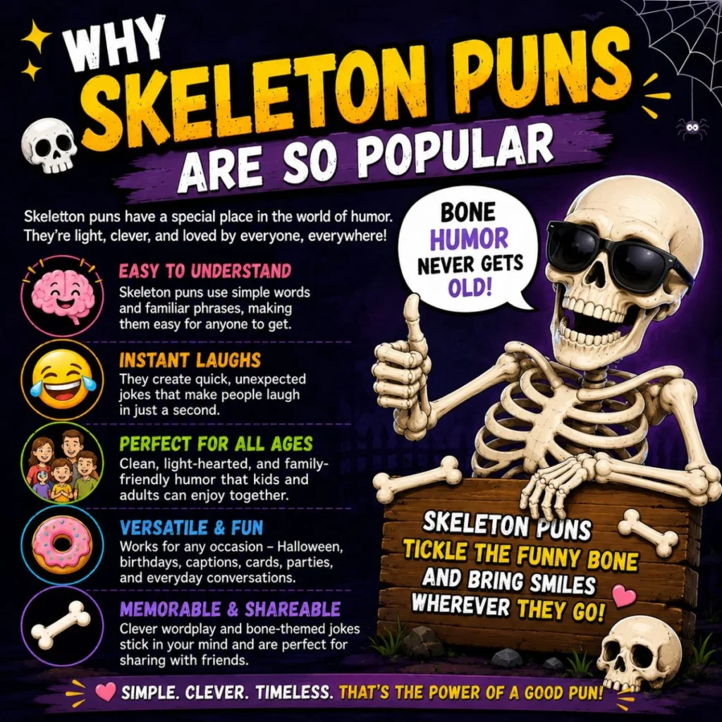 Colorful skeleton puns infographic with funny bone humor, cartoon skeleton, and spooky family-friendly jokes