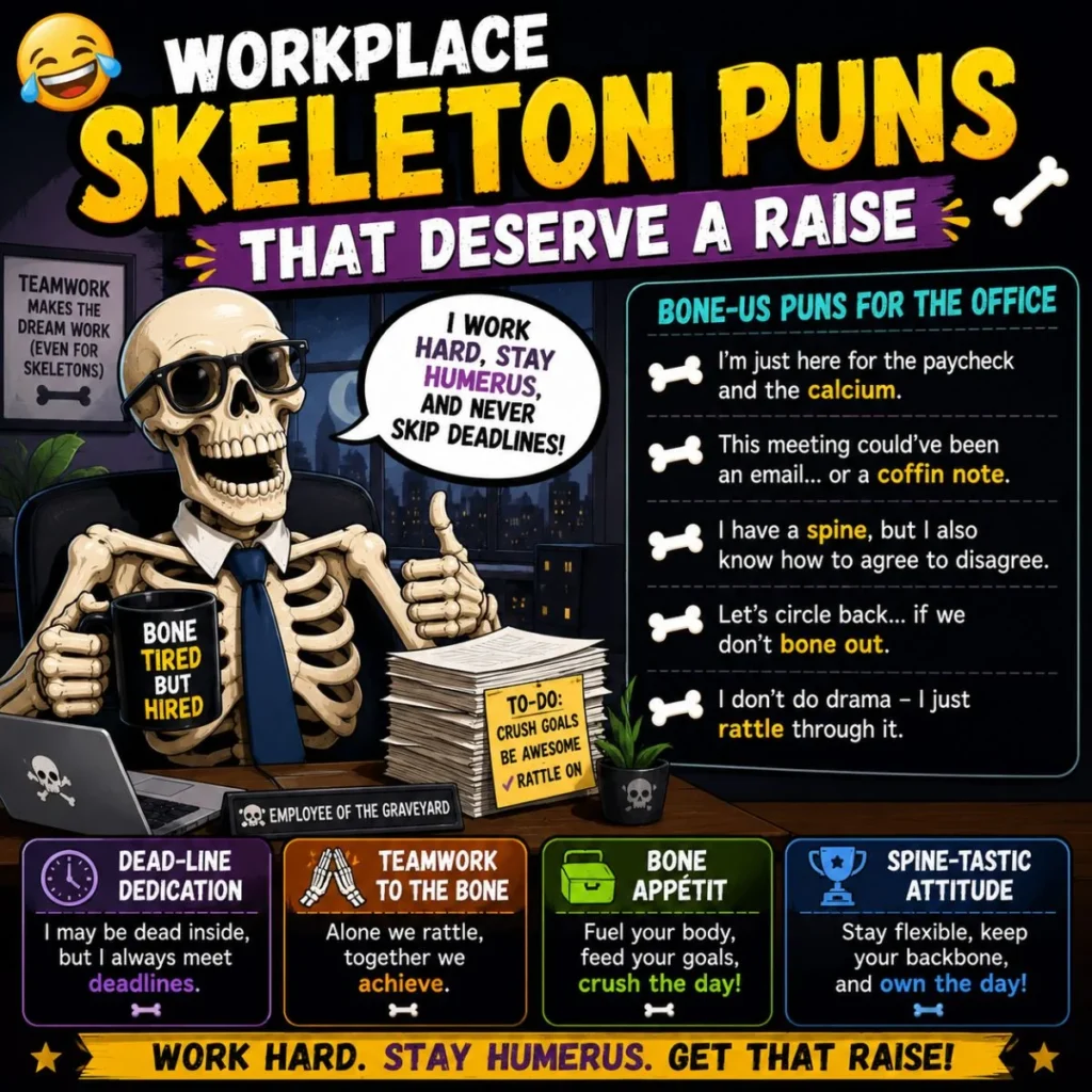 Workplace skeleton puns poster with cartoon office skeleton, funny bone jokes, and colorful comic design