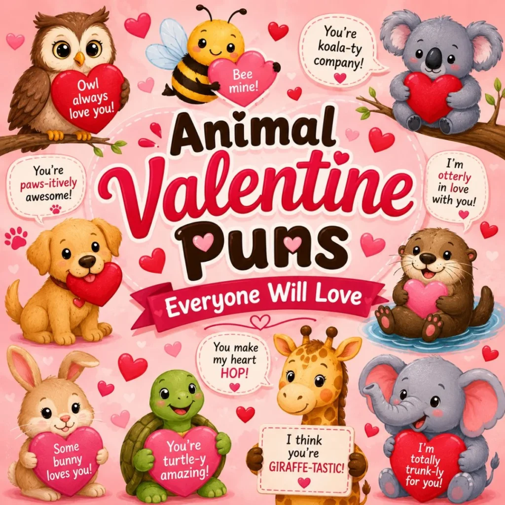 Animal Valentine puns image with cute owl, bee, koala, dog, bunny, turtle, giraffe, and elephant