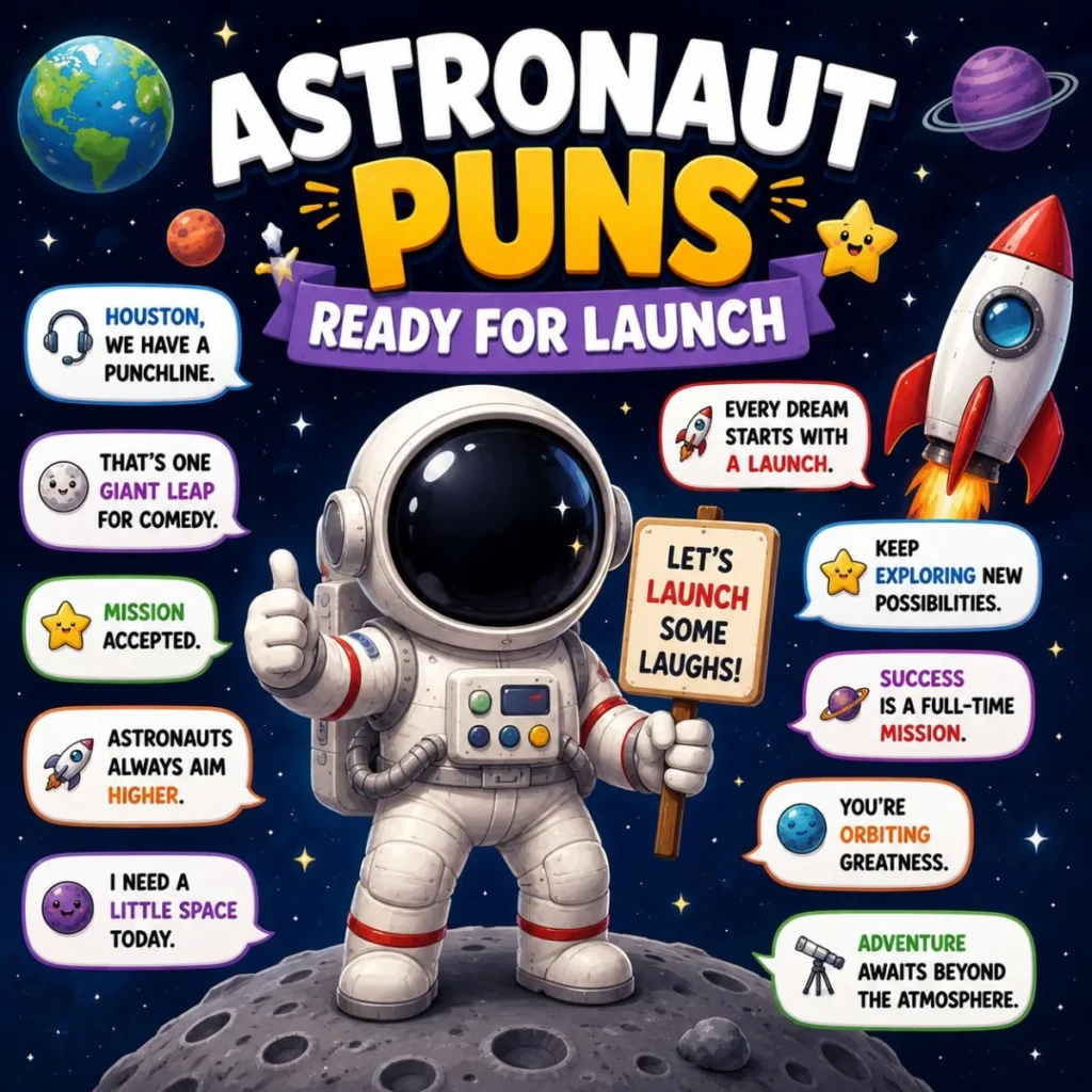 Astronaut puns poster with rocket, planets, moon surface, and funny space jokes