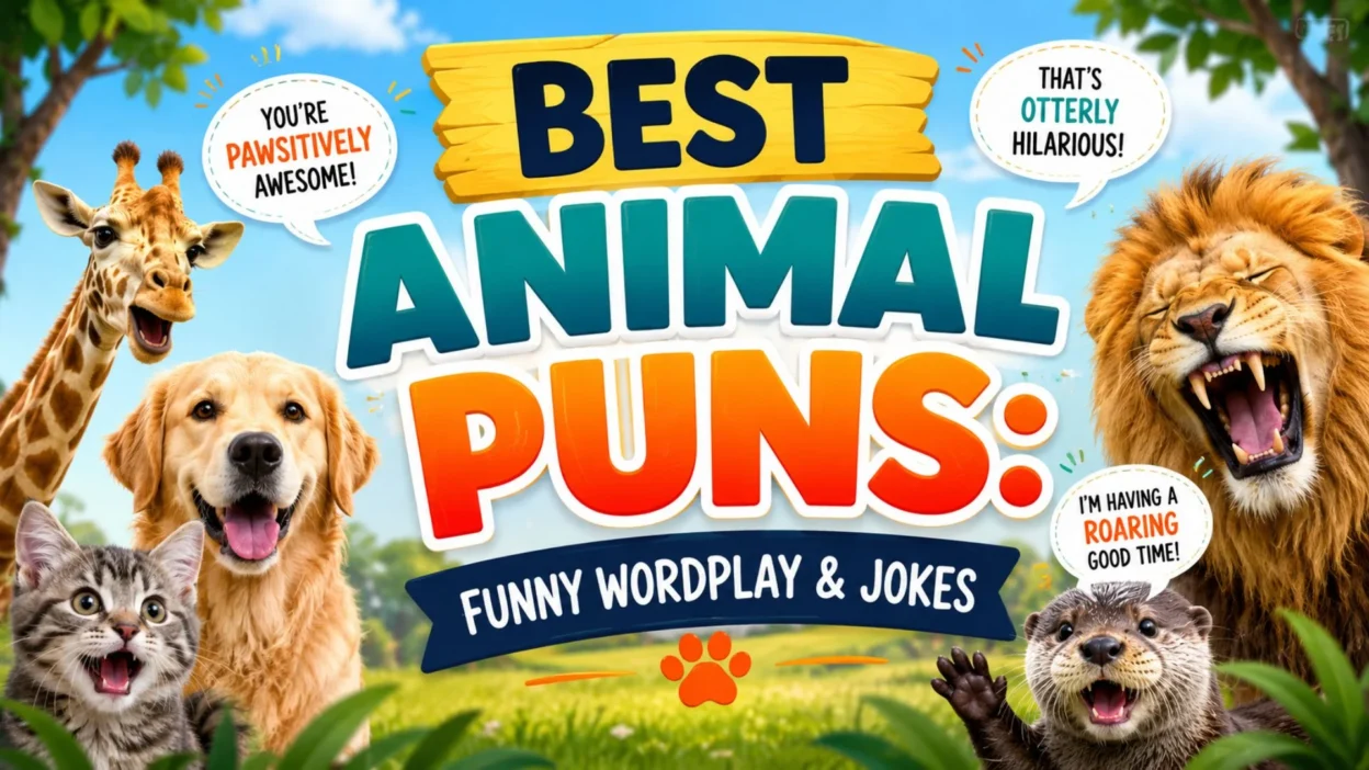 Best animal puns banner with funny pets, lion, giraffe, cat, dog, and otter for playful wordplay jokes
