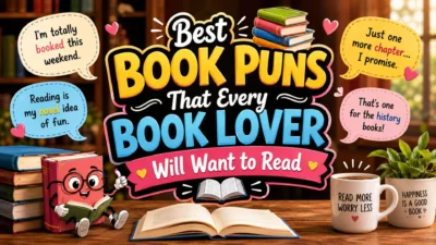 Colorful book puns image with books, speech bubbles, coffee, and a cute reading character