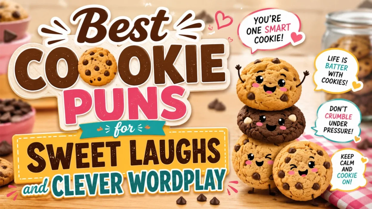 Best cookie puns image with cute cartoon cookies, funny captions, and sweet wordplay for laughs