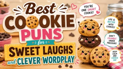 Best cookie puns image with cute cartoon cookies, funny captions, and sweet wordplay for laughs