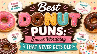 Colorful donut puns banner with sweet wordplay, frosted donuts, sprinkles, and playful cartoon text