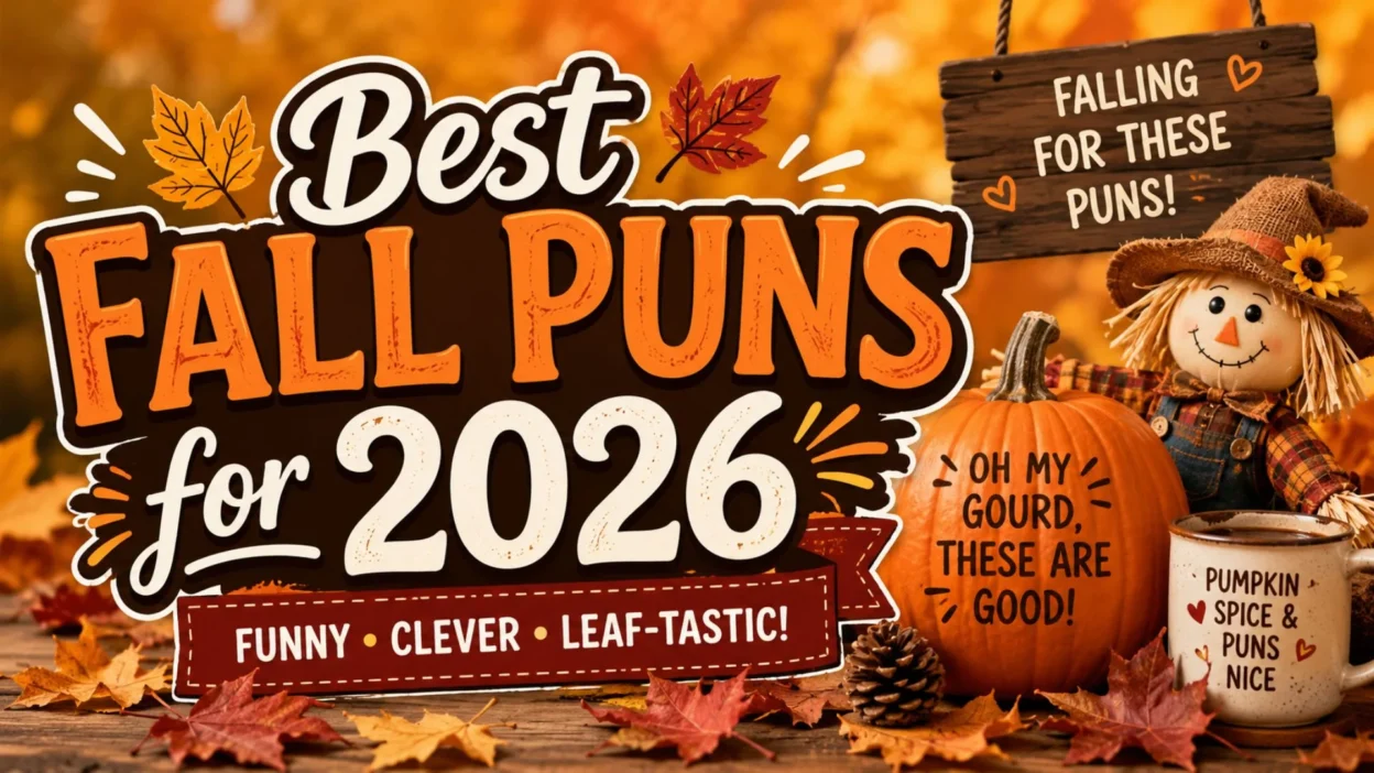 Best Fall Puns for 2026 autumn banner with pumpkins, colorful leaves, scarecrow, and cozy seasonal humor