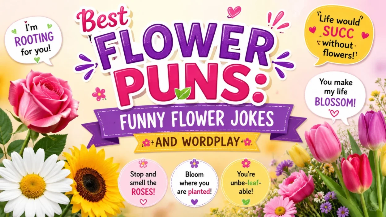 Best flower puns banner with colorful flowers, funny jokes, and playful wordplay