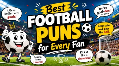 Funny football puns graphic with soccer ball mascot, stadium lights, goalpost, and playful fan captions