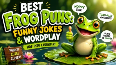 Happy green frog on a lily pad with funny frog puns, jokes, and wordplay in a colorful pond scene