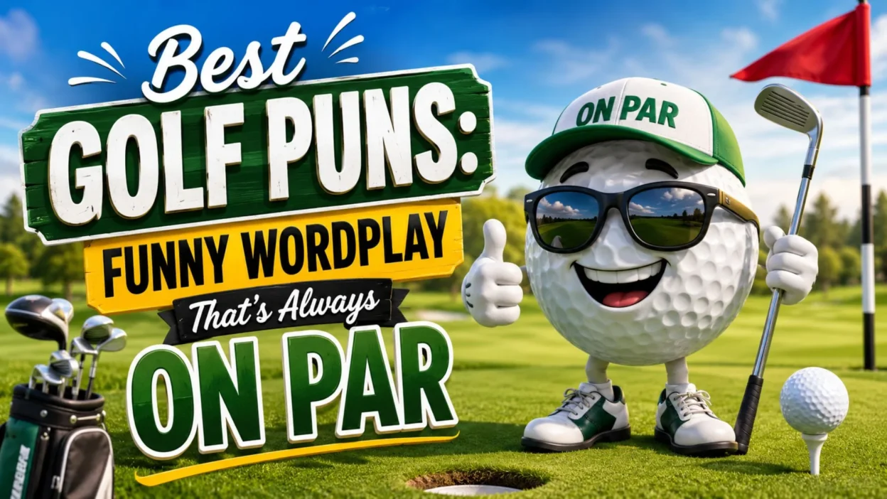 Funny golf puns banner with smiling golf ball character on a bright golf course