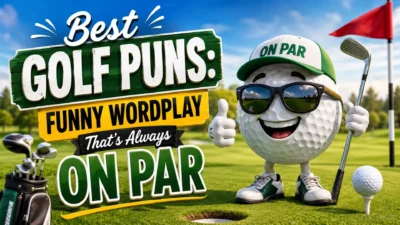 Funny golf puns banner with smiling golf ball character on a bright golf course