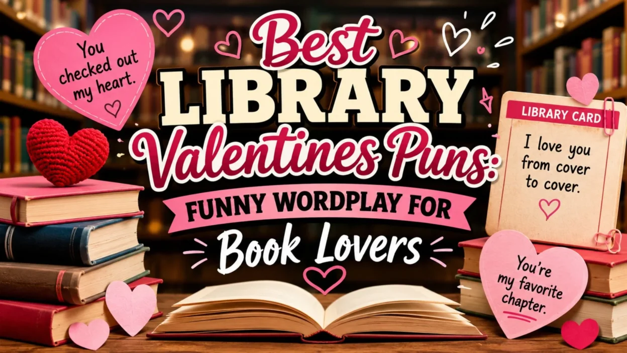 Best Library Valentines Puns image with books, heart-shaped cards, and funny book lover wordplay in a cozy library