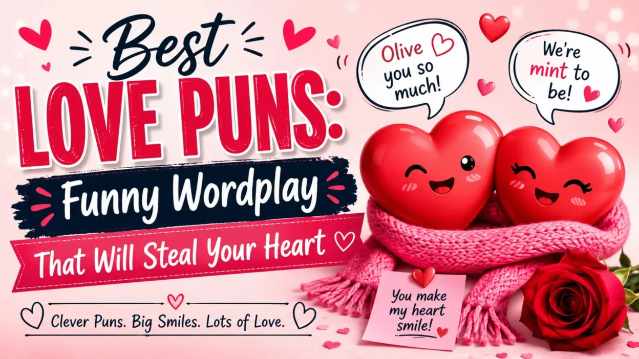 Cute heart characters with love puns and romantic wordplay banner for funny love jokes and caption ideas