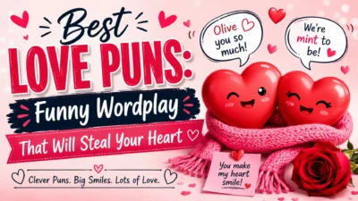Cute heart characters with love puns and romantic wordplay banner for funny love jokes and caption ideas