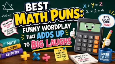 Colorful math puns illustration with calculator, algebra books, geometry symbols, and funny number jokes on a chalkboard