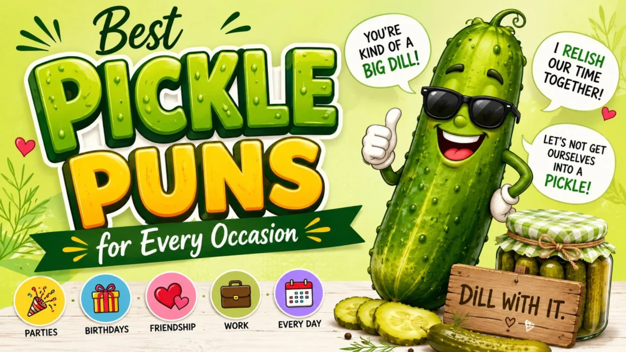 Funny pickle puns illustration with smiling pickle character, witty wordplay, and family-friendly humor theme