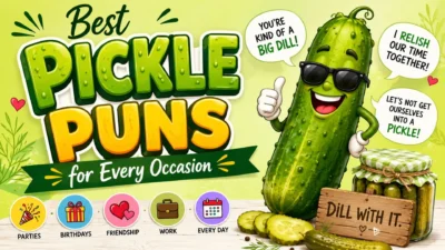 Funny pickle puns illustration with smiling pickle character, witty wordplay, and family-friendly humor theme