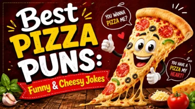 Funny pizza puns illustration with cheesy pizza slice, playful jokes, and colorful food-themed humor design