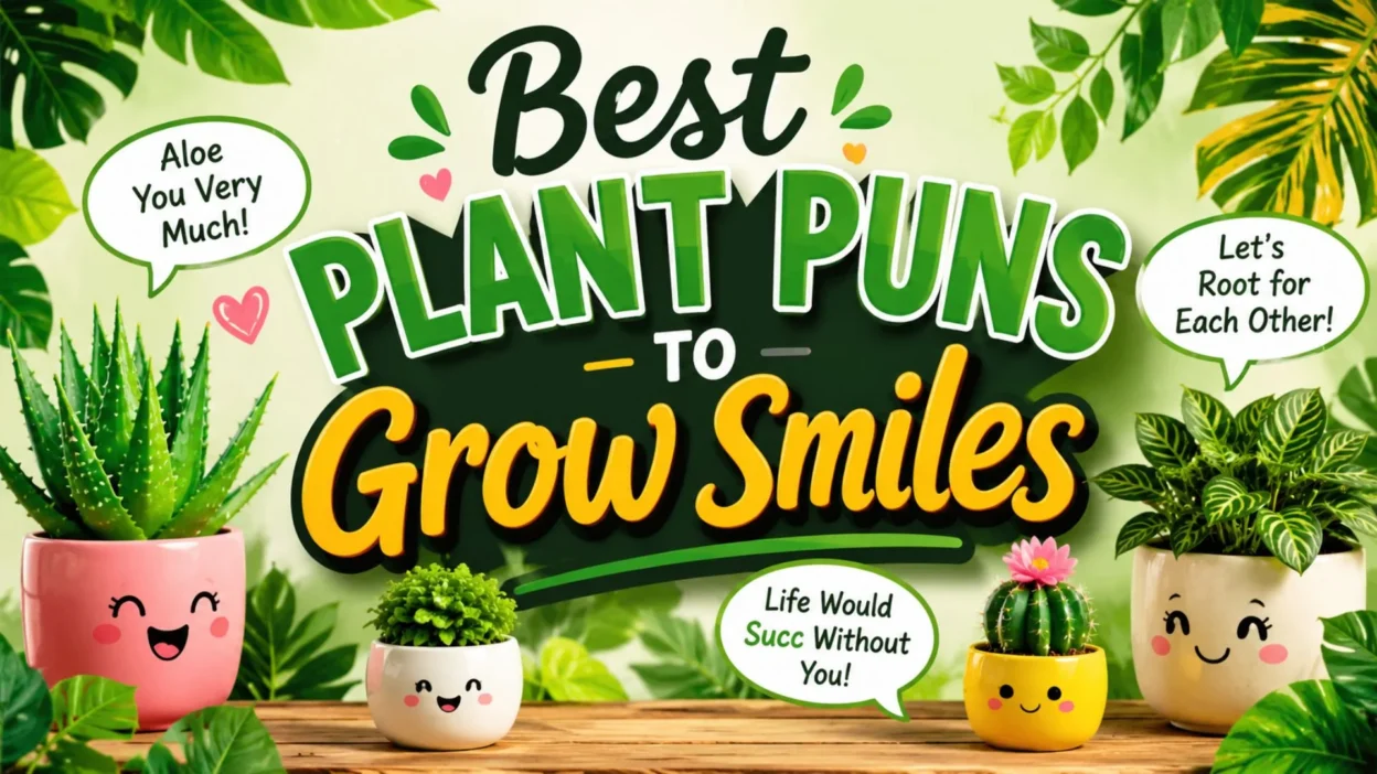 Best plant puns illustration with cute potted plants and funny gardening jokes to grow smiles and positivity