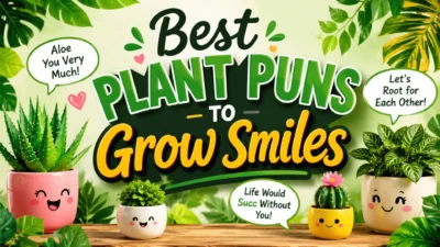 Best plant puns illustration with cute potted plants and funny gardening jokes to grow smiles and positivity