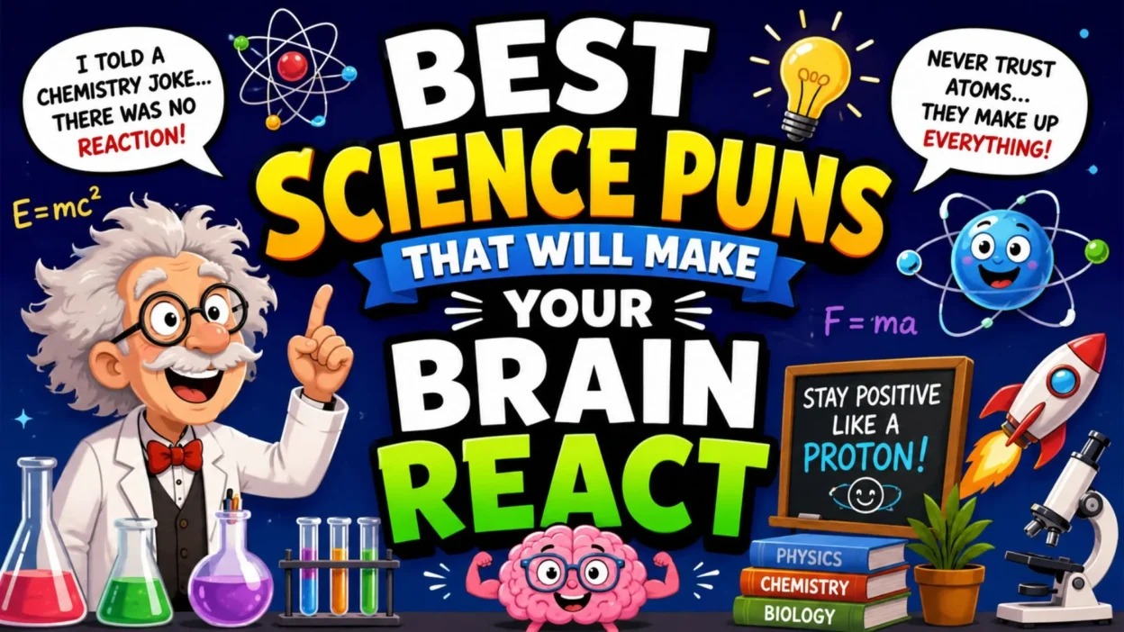 Funny science puns banner with cartoon scientist, atoms, lab flasks, rocket, brain, and bold reaction text