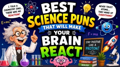 Funny science puns banner with cartoon scientist, atoms, lab flasks, rocket, brain, and bold reaction text