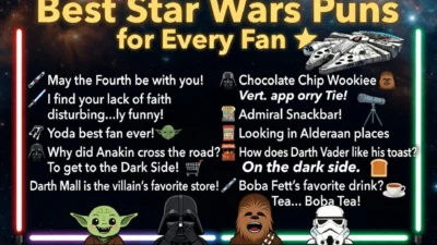 Best Star Wars puns poster featuring Yoda, Darth Vader, Chewbacca and hilarious jokes for every fan