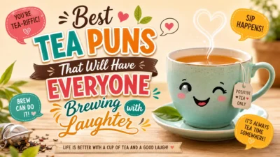 Funny tea puns banner with smiling tea cup, playful captions, and warm cozy tea humor