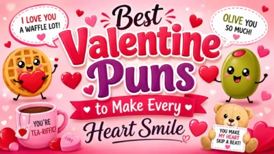 Funny Valentine puns image with cute hearts, waffle, olive, tea cup, and teddy bear characters