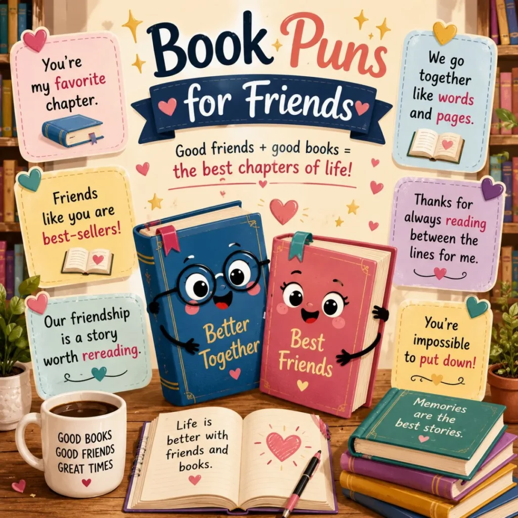 Book puns for friends with cute books, friendship quotes, hearts, and cozy reading theme