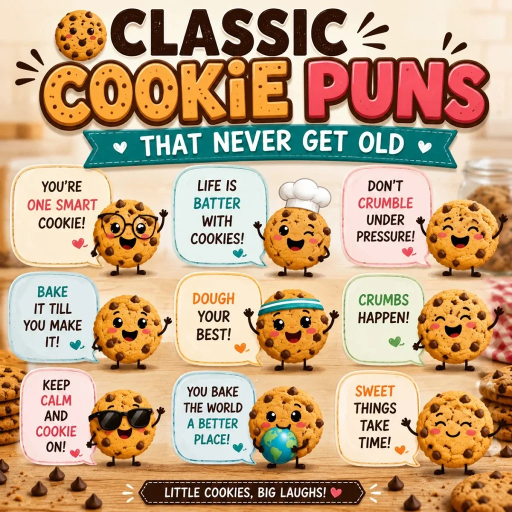 Classic cookie puns image with cute cartoon cookies, funny speech bubbles, and family-friendly wordplay