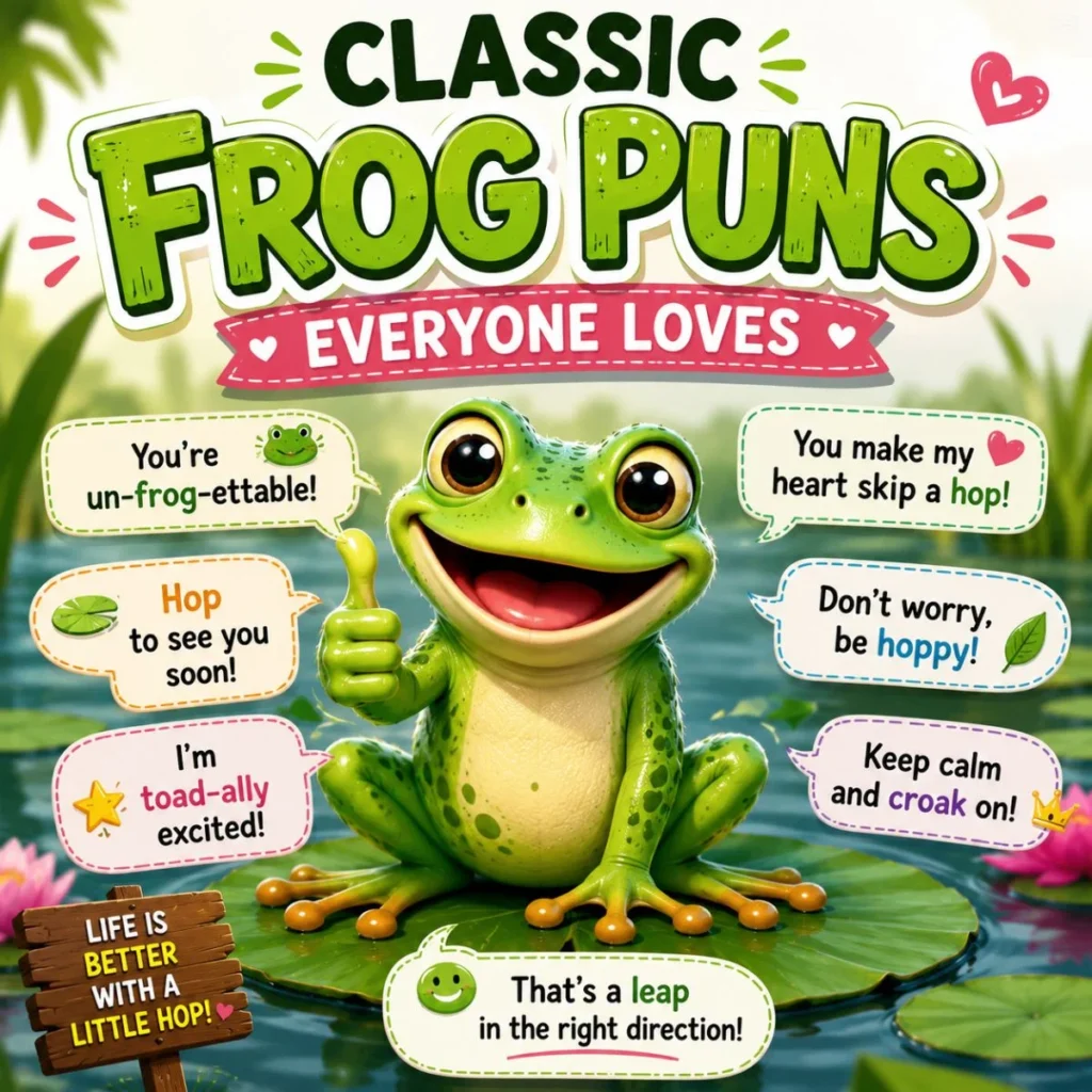 Cute green frog on a lily pad with classic frog puns and funny wordplay in a colorful pond scene