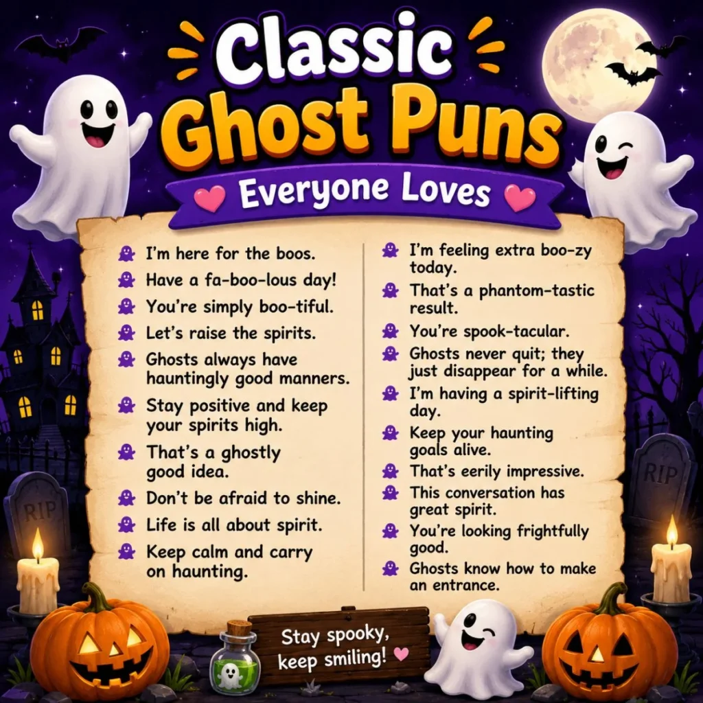 Classic ghost puns infographic with cute ghosts, pumpkins, moon, and spooky Halloween background