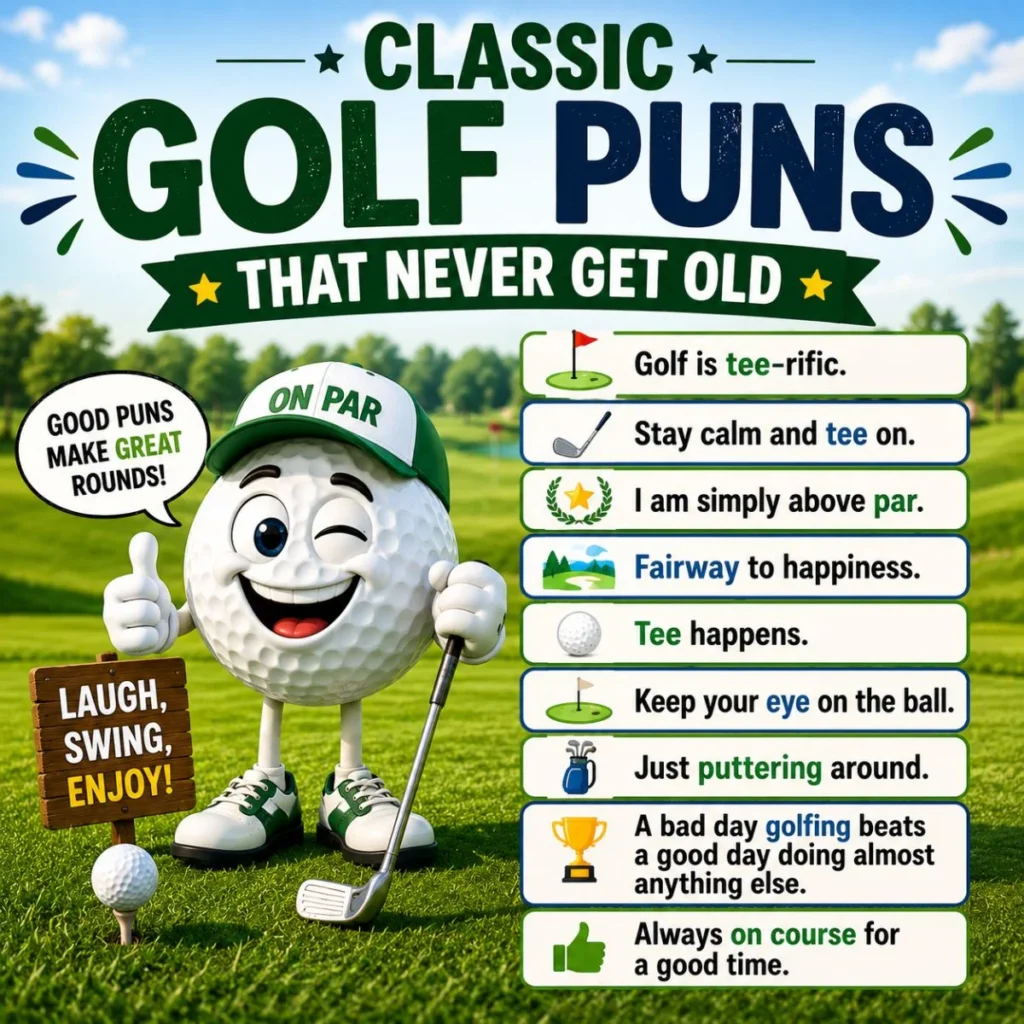 Classic golf puns infographic with smiling golf ball mascot and funny golf jokes