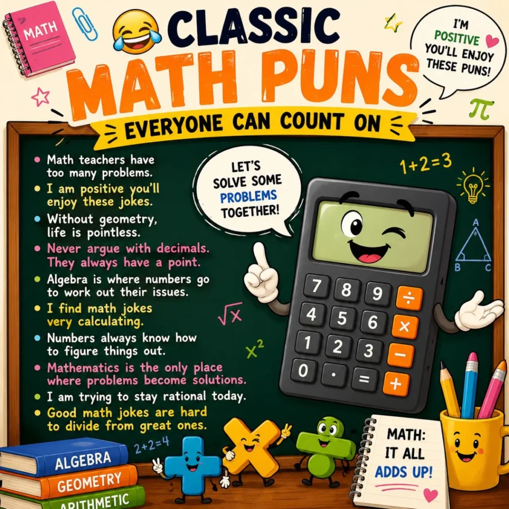 Classic math puns poster with funny calculator, chalkboard jokes, algebra books, and colorful math symbols