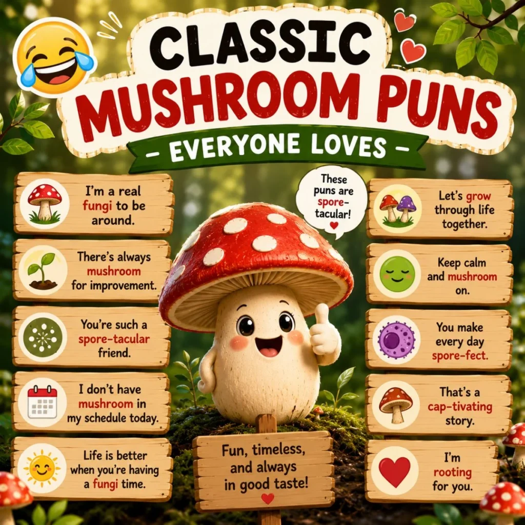 Classic mushroom puns poster with cute cartoon fungi and funny woodland joke signs