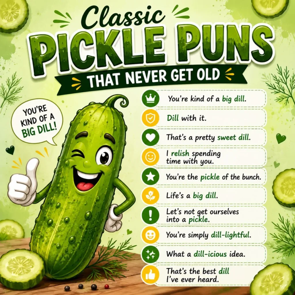 Classic pickle puns illustration with smiling pickle character and funny dill-themed jokes on a green background
