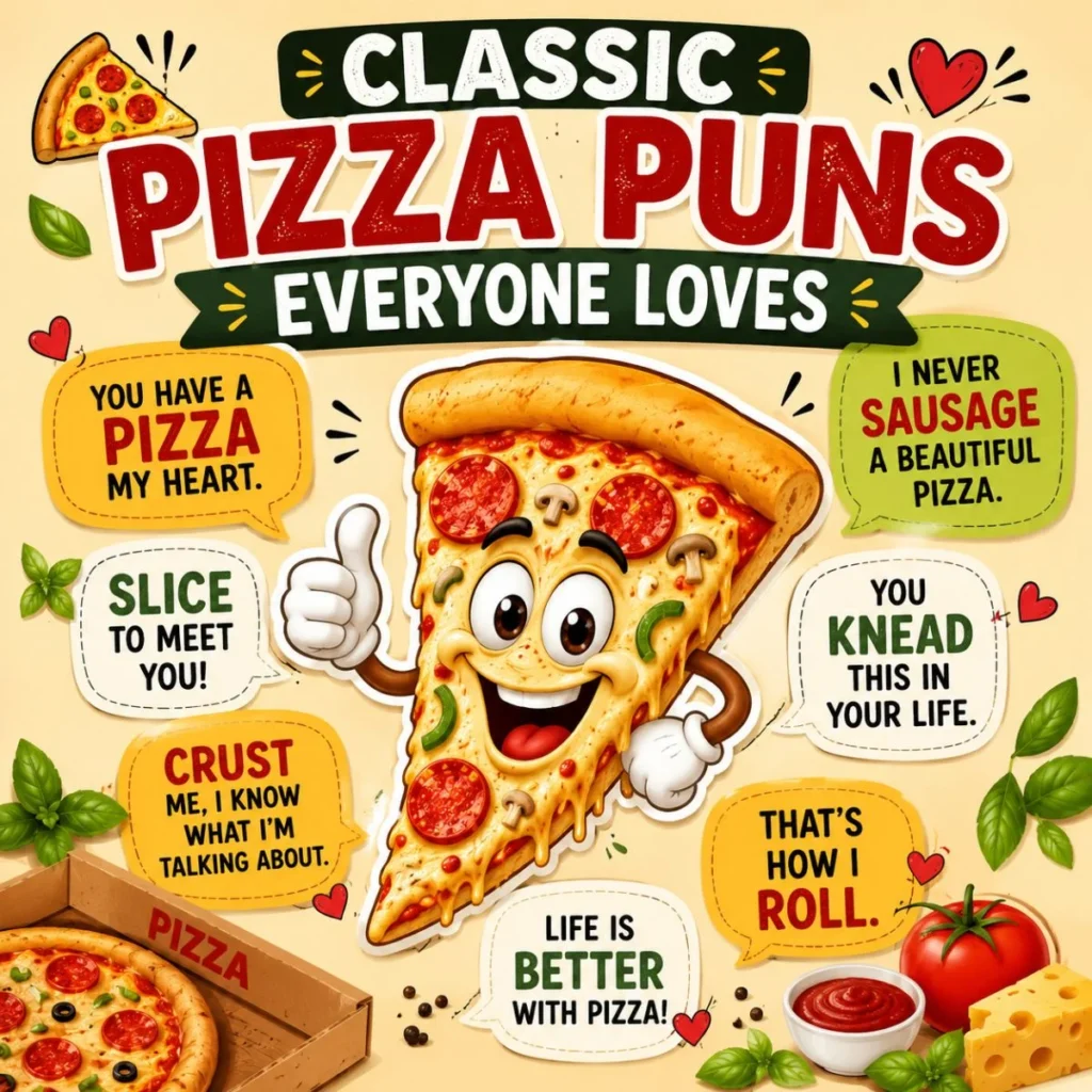 Classic pizza puns illustration featuring a smiling pizza slice with funny cheesy jokes and colorful food graphics