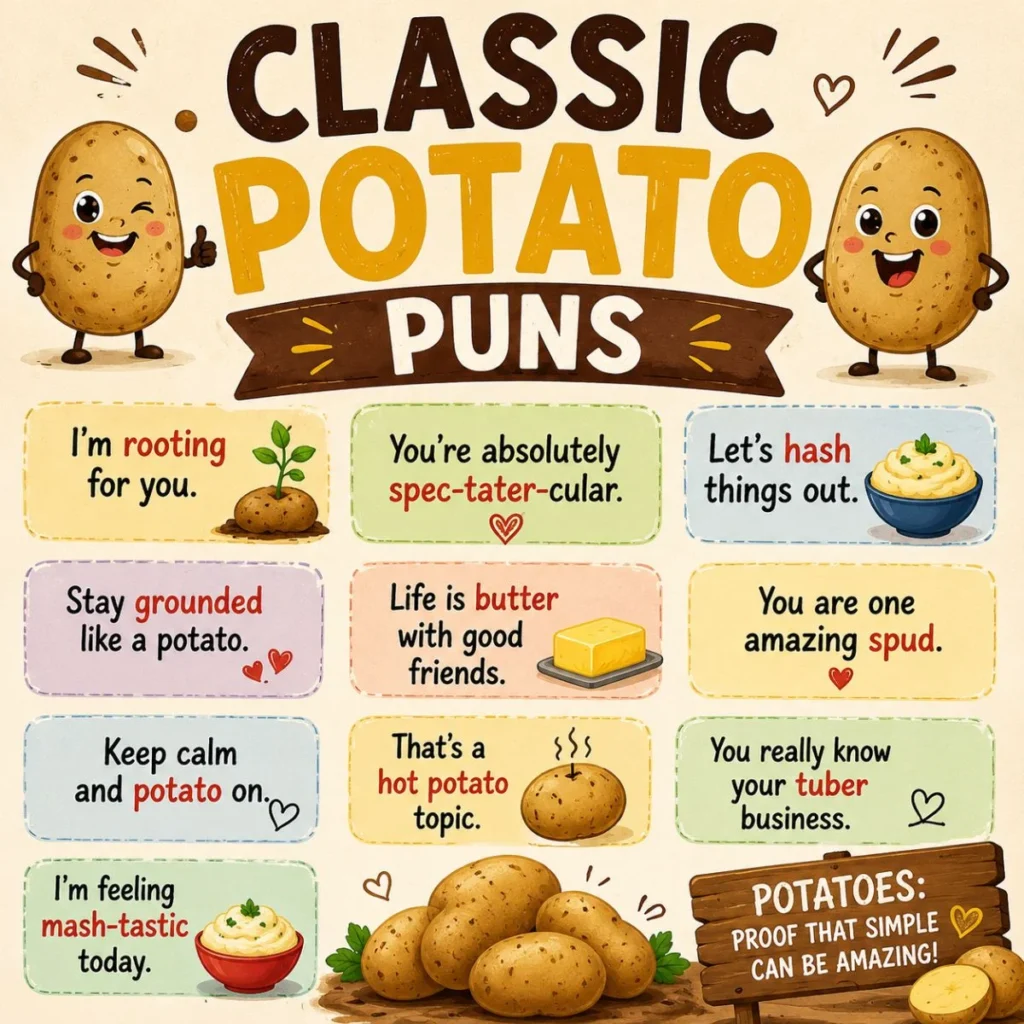Classic potato puns cartoon poster with smiling potatoes and funny food wordplay