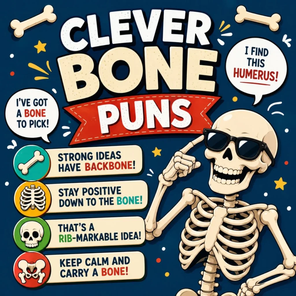 Bone puns for friends cartoon with two smiling skeletons and playful friendship jokes