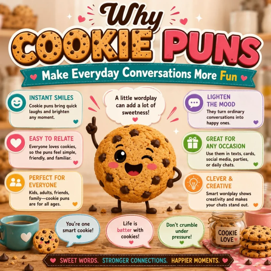 Cookie puns conversation image with smiling cartoon cookie, fun speech bubbles, and family-friendly wordplay