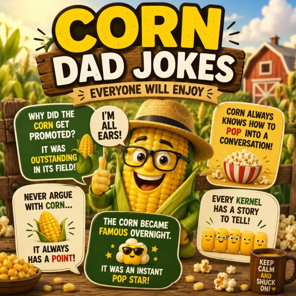 Corn dad jokes image with smiling cartoon corn, funny speech bubbles, popcorn, and farm background