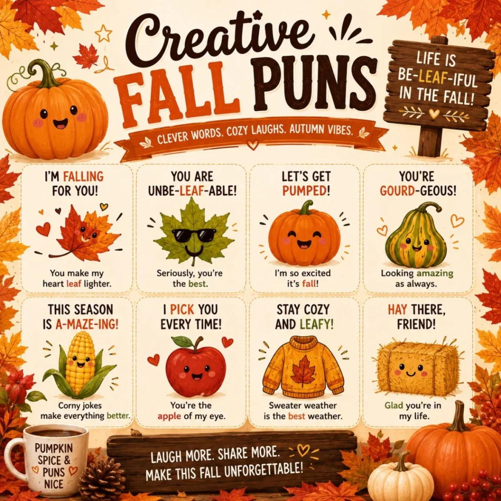Creative fall puns infographic with pumpkins, leaves, apples, corn, sweater, and cozy autumn wordplay