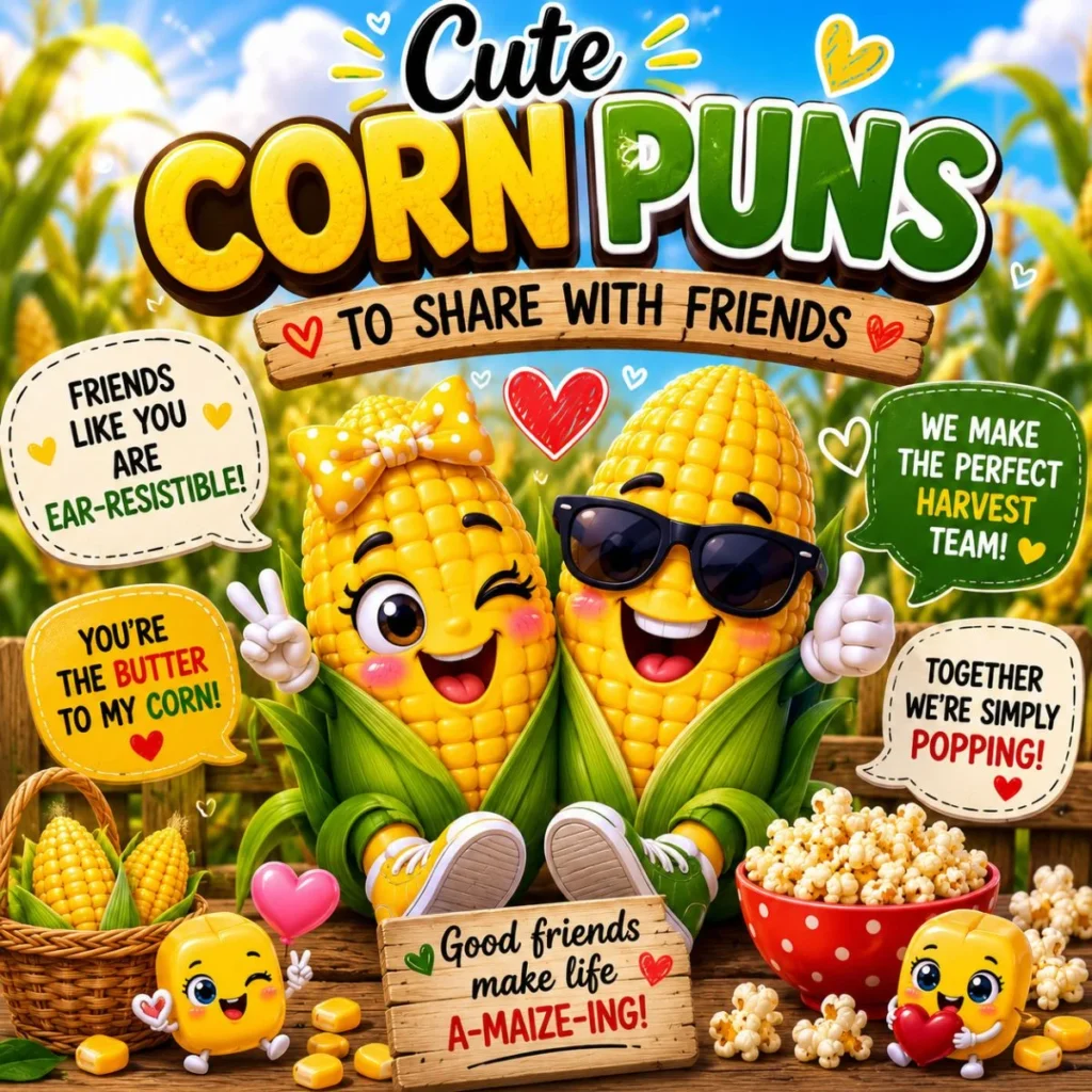 Cute corn puns image with smiling cartoon corn, friendship notes, hearts, popcorn, and sunny farm background