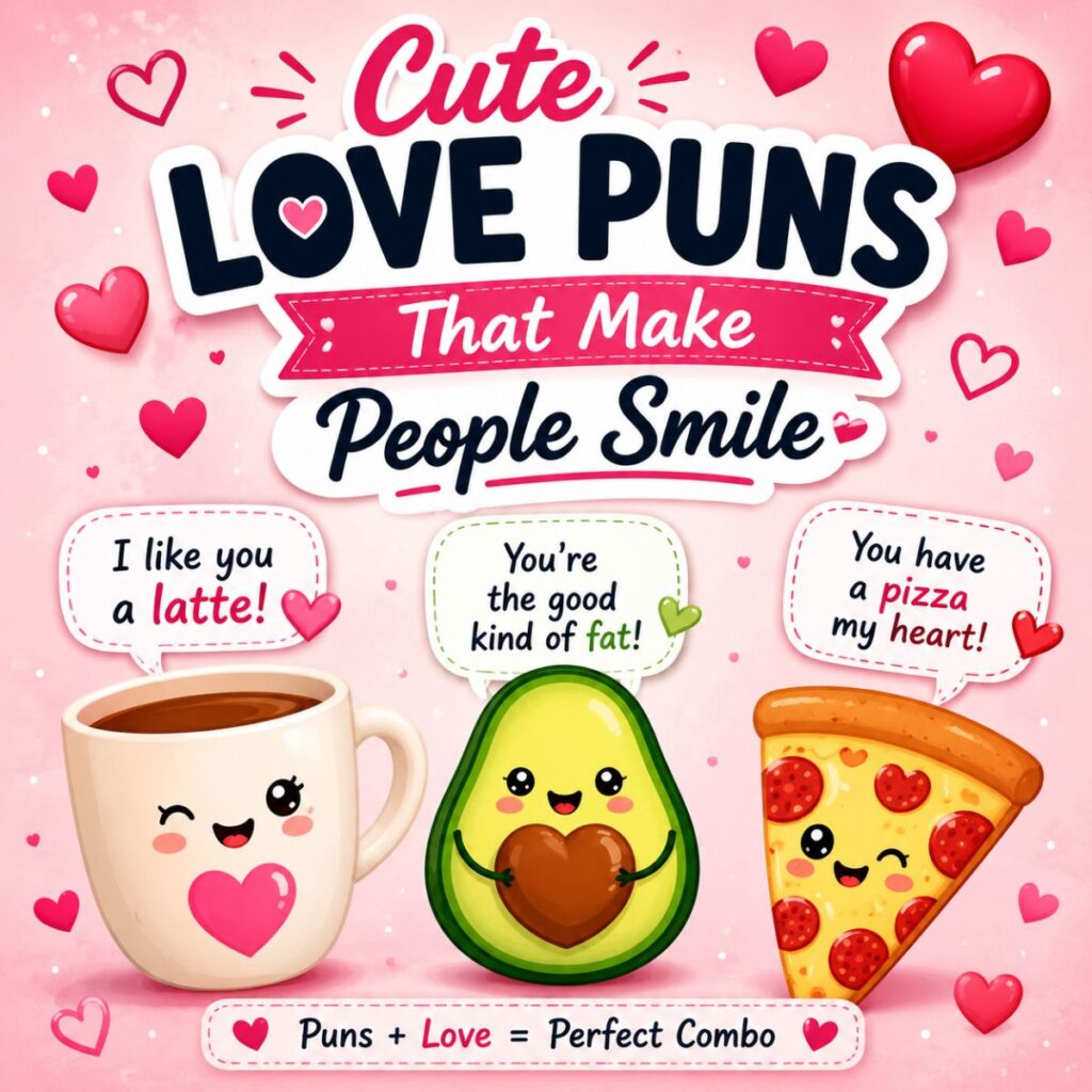 Cute love puns image with smiling coffee, avocado, pizza, hearts, and funny romantic wordplay