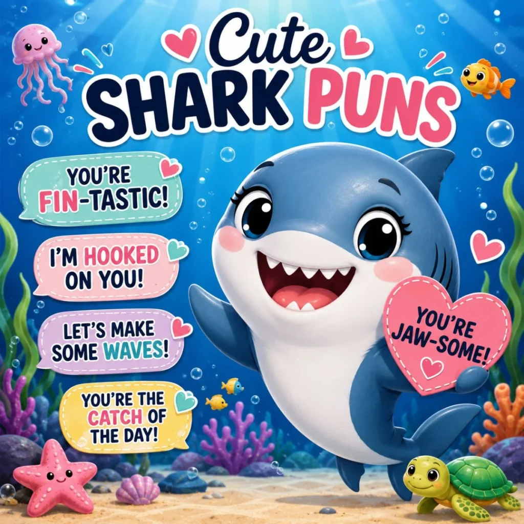 : Cute shark puns cartoon with smiling baby shark, sea creatures, and colorful underwater background