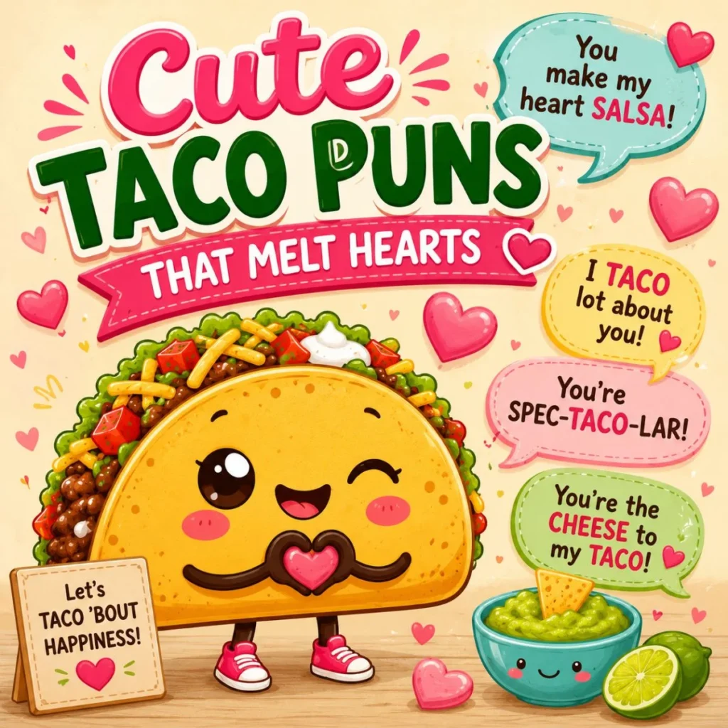 Cute taco puns illustration with smiling taco character, hearts, and sweet food-themed background