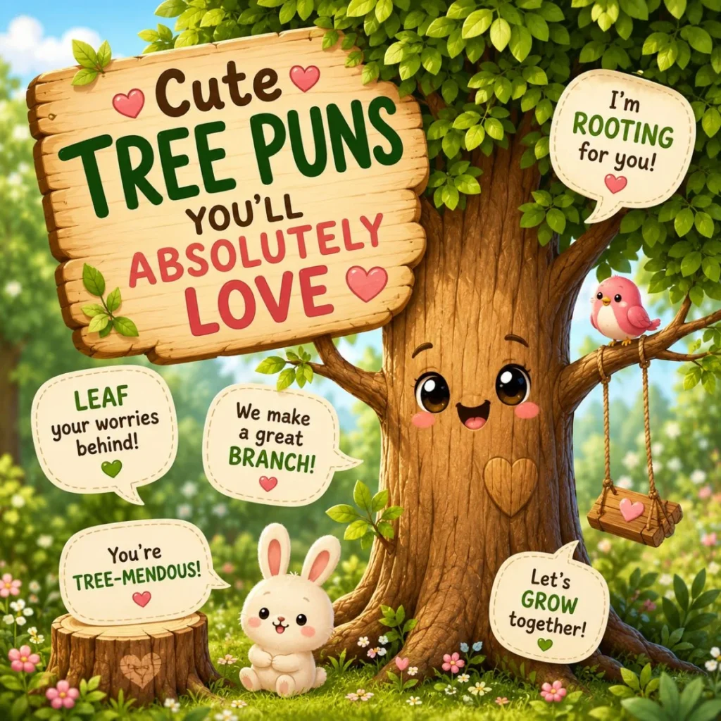 Cute tree puns cartoon image with smiling tree, bunny, bird, and heartwarming forest scene